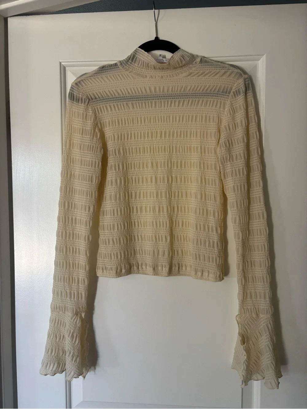 Reformation sheer mesh Victorian mock neck bell sleeves mock neck long sleeve me